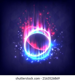 Efecto de la luz giratoria brillante. Marco abstracto mágico. Energía eléctrica de elemento circular. Luminosa ciencia ficción. Luces de neón brillantes cósmicas. Efecto de traza del universo giratorio futurista. Glitch, rayas y llama