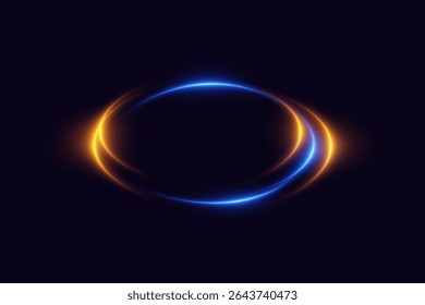 Glowing swirl of orange and blue neon light trails on dark background