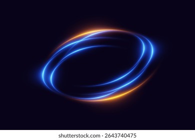 Glowing swirl of orange and blue neon light trails on dark background