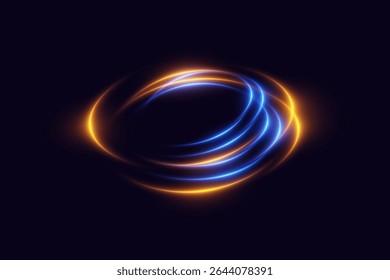 Glowing swirl of orange and blue neon light trails on dark background
