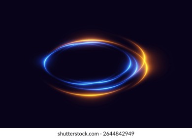 Glowing swirl of orange and blue neon light trails on dark background