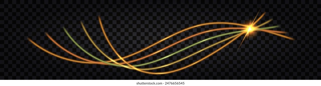 Glowing swirl wave, neon light and thunder bolt, fiber optic impulse lines. Cyber futuristic technology. Isolated on transparent background, vector illustration