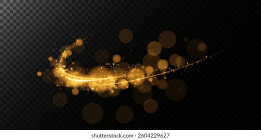 Glowing swirling light stream with elegant gold dust and bokeh particles on a transparent background