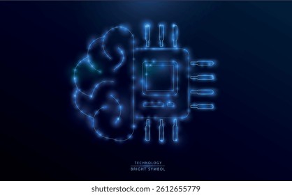 Glowing symbol combining a human brain and a microchip, representing artificial intelligence, technology, and digital innovation. ideal for concepts related to AI.  Futuristic illustration.