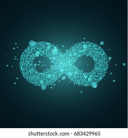 Glowing symbol of infinity from small blue particles. Glare bokeh and magical dust. Volumetric sign with shadow. The eternal way. Futuristic style. Vector illustration