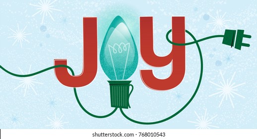 Glowing Teal Green Christmas Light wrapped around Word Joy; Stars and Snowy background; Retro style inspired by mid-century modern illustration