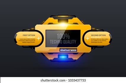 Glowing template with two options in yellow industrial techno style on dark gray background