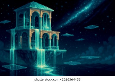 A glowing temple floats above the water with cascading waterfalls and starlit sky in this fantasy pixel art scene. Ideal for magical game worlds or celestial environments.