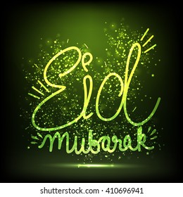Glowing Text Eid Mubarak on shiny green background, Elegant greeting card design for Muslim Community Festival celebration.