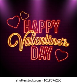 Glowing text Happy Valentines Day with neon effect against purple color wall.