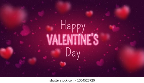 Glowing text for Happy Valentine's Day greeting card. Cute love banner for 14 February. Holiday background with 3d hearts, light, stars with gold. Vector Illustration