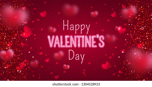 Glowing text for Happy Valentine's Day greeting card. Cute love banner for 14 February. Holiday background with 3d hearts, light, stars on red. Vector Illustration