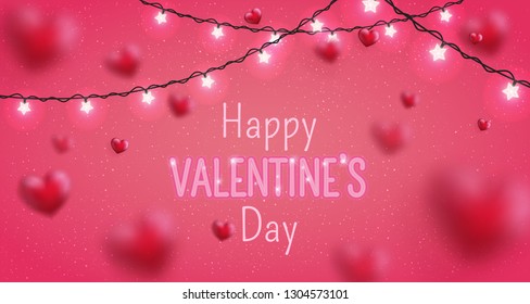 Glowing text for Happy Valentine's Day greeting card. Cute love banner for 14 February. Holiday background with 3d hearts, light, stars, garland on pink. Vector Illustration