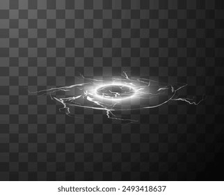 Glowing thunder circle effect on a dark, checkered background. Vector illustration of electric arcs radiate from the luminous central ring, creating a dynamic and energetic atmosphere.