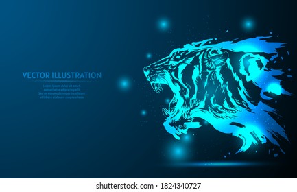 glowing tiger on a dark blue background of the space with shining stars.