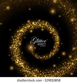 Glowing trail of golden confetti particles and stars. Magic swirl trail. Spiral stream of glitters. Decoration confetti element for fashion glamour or holiday design.