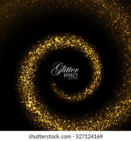 Glowing trail of golden sparkling particles. Spiral stream of sparkling glitters. Decoration holiday element for design. Festive ornament