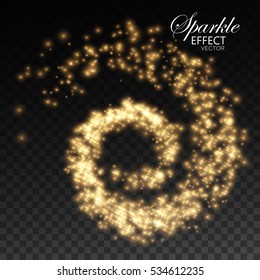 Glowing trail of golden sparkling star particles. Spiral stream of sparkling fire glitters. Decoration holiday element for design. Festive ornament