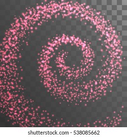 Glowing trail of pink lights. Glittering swirl trail. Spiral stream of sparkling particles. Decoration shine element applicable for poster, flyer, brochure, cover, cards design. Vector illustration.