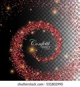 Glowing trail of red confetti particles and stars. Magic swirl trail isolated on transparent checkered background. Spiral stream of glitters. Decoration confetti element for Valentines Day design.