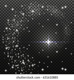 Glowing trail of silver sparkling star particles. Spiral stream of sparkling fire glitters. Decoration holiday element for design