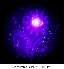 Glowing translucent fantasy crystal flower surrounded by lights and sparks on a dark blue background.