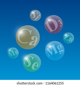 Glowing translucent spheres with names of useful microelements on a blue background. Medical vector illustration