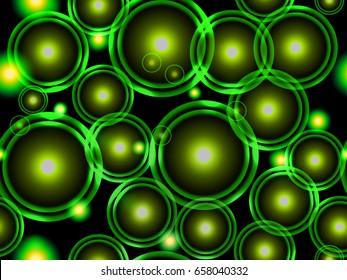 Glowing transparent circles seamless pattern. Bright spheres of green color. Vector illustration