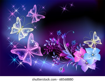 Glowing transparent flowers, stars and butterfly