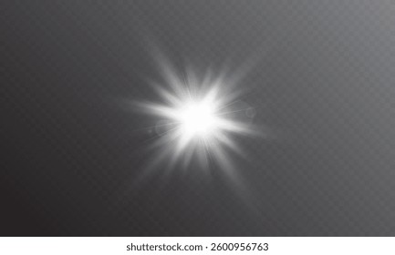 Glowing transparent light bursts with sparkles. Glow light effect overlay, glitter, lens flare, explosion, sun flash, spark and star. Abstract image of flare light and white stars. Vector illustration
