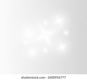 Glowing transparent light bursts with sparkles. Glow light effect overlay, glitter, lens flare, explosion, sun flash, spark and star. Abstract image of flare light and white stars. Vector illustration