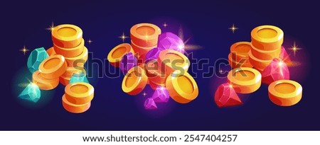 Glowing treasure composed of stacked gold coins scattered near vibrant precious gems in different colors. Shining crystals reflect light on dark background. Game interface or bonus rewards loot.