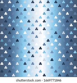 Glowing trefoil pattern. Seamless vector background - blue, gray and white shamrocks on gradient backdrop