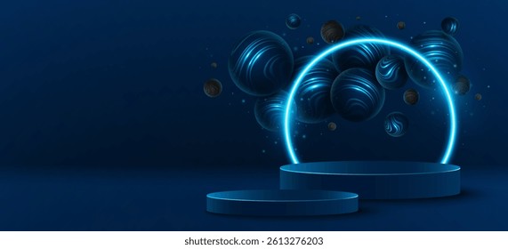 Glowing trendy podium with levitating 3d spheres textured with striped pattern. Pedestal with blue neon arc to display your brand product. Vector illustration. EPS 10