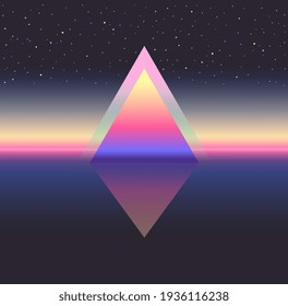 Glowing triangle. Ethereum concept. Vector futuristic abstract background. Retro wave, synthwave, rave, vapor. Blue, black, pink purple colors. Trendy vintage 1980s, 1990s style. Print, poster, banner