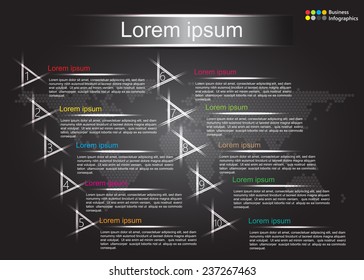 Glowing Triangle Options on Abstract Black Background, Number on Glowing Triangle and Text Information Design. 10 Options Template, Vector Illustration.