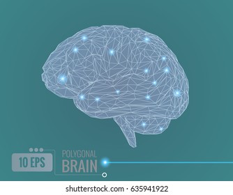 Glowing triangle polygonal wireframe brain isolated on green BG
