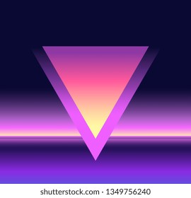 Glowing triangle. Retrowave, synthwave, rave, vapor background. Abstract landscape. Yesterday’s tomorrow. Retro, vintage 80s, 90s style. Black, purple, pink, blue colors. Banner, print, wallpaper, web