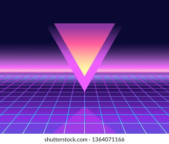 Glowing triangle. Retrowave, synthwave rave, vapor party background. Light grid landscape. Yesterday’s tomorrow. Retro, vintage 1980s, 1990s. Black, purple, pink, blue colors. Banner, print, wallpaper