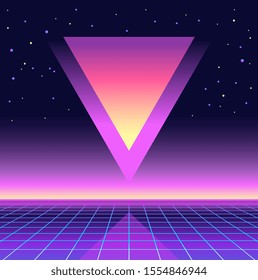 Glowing triangle. Retrowave, synthwave, rave, vapor party background. Light grid landscape. Yesterday’s tomorrow. Trendy retro 80s, 90s style. Black, purple, pink, blue colors. Banner, print wallpaper