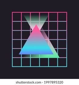 Glowing triangle. Retrowave, synthwave, rave, vapor wave, cyberpunk party background. Neon light grid. Retro, vintage 1980s, 1990s. Black, purple, pink, blue neon colors. Banner, print, web wallpaper