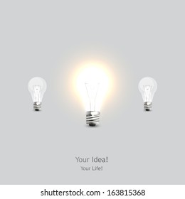 glowing and turned off electric light bulb, vector illustration. 