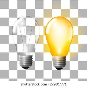 Glowing and turned off electric light bulbs on transparent background, vector illustration