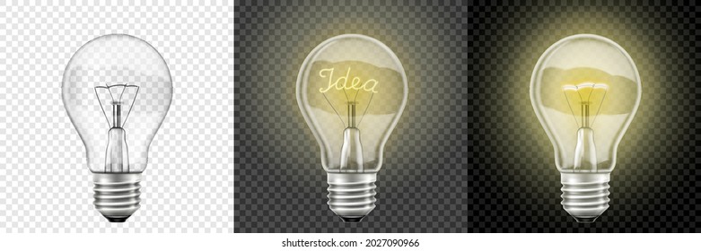 Glowing and Turned Off light bulbs. Vector 3d Realistic . Set with incandescent lamps, glowing yellow light bulbs, isolated on transparent background. Symbol of creative ideas