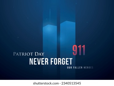 Glowing twin towers on blue background. 9 11 Patriot Day background. Stock vector illustration.