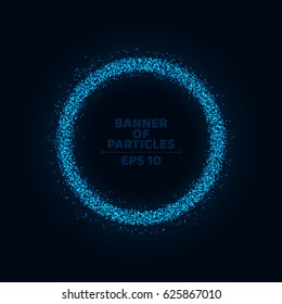 A glowing and twirling banner of small, round particles on a dark background. A place for your projects. The magic circle. Beautiful movement in the night scene. Vector illustration. EPS 10