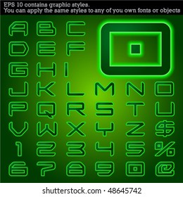 Glowing typeface. Green. File contains graphic styles available in the Illustrator 10 + You can apply the styles to any of you own fonts or objects