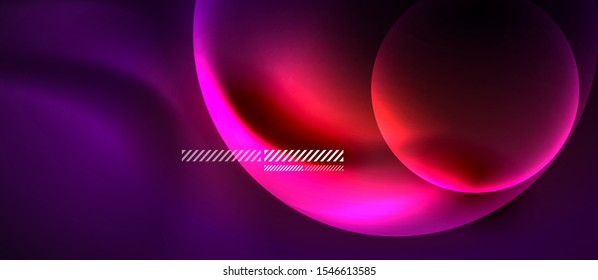 Glowing ultraviolet neon transparent bubbles background. Techno modern circles in dark space.