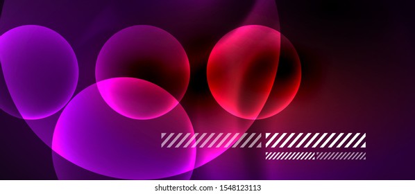 Glowing ultraviolet neon transparent bubbles background. Techno modern circles in dark space.