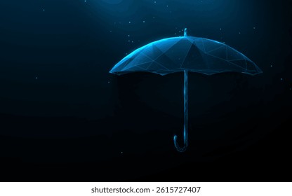 Glowing umbrella made of blue polygonal wireframe lines on dark background symbolizing protection and security